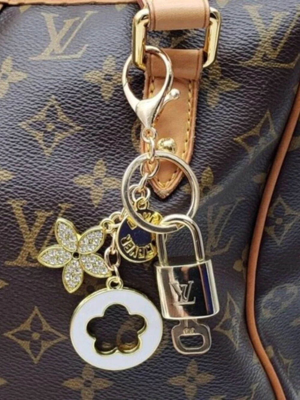 LV Gold Padlock Authentic 🔑 Luxury Bag Charm w/ Unbranded Flower Keychain